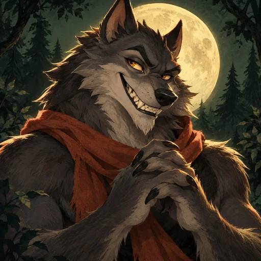A mischievous cartoon werewolf under a full moon